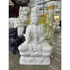 Tượng Phật Bà Quan Thế Âm Bồ Tát ngồi đài sen cầu bình an đá cẩm thạch trắng - Cao 50 cm