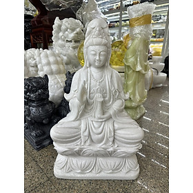 Mua Tượng Phật Bà Quan Thế Âm Bồ Tát ngồi đài sen cầu bình an đá cẩm thạch trắng - Cao 50 cm