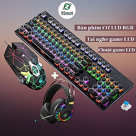 COMBO bàn phím cơ kèm chuột và tai nghe chụp tai headphone XSmart Super Bass gaming LED RGB chơi game đổi màu siêu đẹp T907+V8 tia sét+K3 - Hàng Chính Hãng