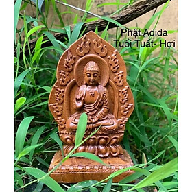 Tượng phật bản mệnh ,phật adi đà hợp tuổi (tuất _hợi) khắc hai mặt bằng gỗ bách xanh thơm nức kt 14×8×4cm