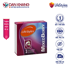 Bao cao su LifeStyles Mixed Berry Hương dâu 3 loại làm từ cao su thiên nhiên cao cấp ( 3 bao / Hộp ) - Xuất xứ Úc ( Hàng Chính Hãng ) 