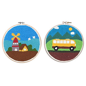 2 Sets Cartoon Punch Needle Embroidery Kits with Punch Embroidery Pen Wool Yarn