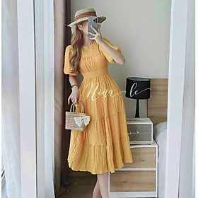 Đầm maxi dài dáng xòe đi biển, maxi phối 4 mà nhã nhặn cổ tròn tay phồng sexy thời trang nữ mùa hè