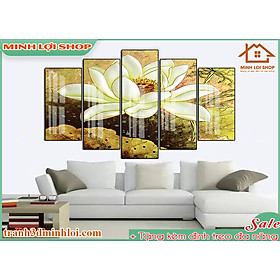 Tranh tráng gương pha lê BÔNG SEN 5 tấm trang trí phòng khách hiện đại TẶNG KÈM ĐINH TREO 5TBS04