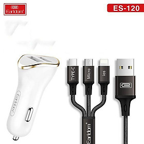 Mua Tẩu sạc ô tô kèm dây đa năng 3 đầu  Củ cốc sạt trên xe hơi dây micro typec dài 1m Earldom - Hàng chính hãng
