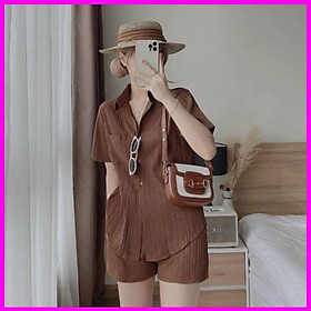 Set áo sơ mi kèm quần chất vải đũi bigsize nữ rộng thoải mái, Quần đùi áo sơ mi BIGSIZE CÔ NHỎ- SET35 - Màu Nâu