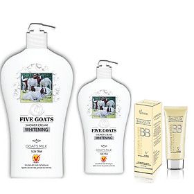 Combo sữa tắm chiết xuất sữa dê Five Goats 1000g + Sữa tắm chiết xuất sữa dê Five Goats 500g + Kem trang điểm dưỡng trắng BB01 50g