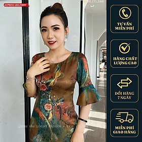 Đầm Suông Hoa 3D Tone Nâu Xanh Tay Loe Cao Cấp Vera Dress