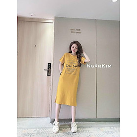 váy thun suông cộc tay dáng dài xẻ tà in chữ cest chic mềm mại