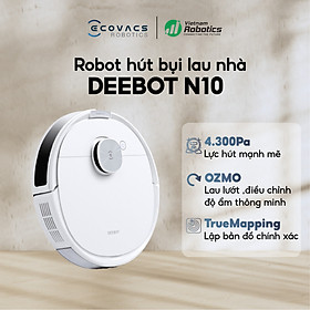 Robot hút bụi lau nhà Ecovacs Deebot N10 New - Trắng Bản Quốc tế - App Tiếng Việt, hàng nhập khẩu chính hãng full VAT, bảo hành chính hãng 24 tháng bởi Vietnam Robotics, lực hút 4300Pa, thời gian hoạt động 330 phút liên tục