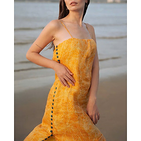 Đầm Hai Dây Suông, Đầm xẻ tà, Đầm Vàng Linen Kim Diệp thời trang thiết kế Hity Dre208