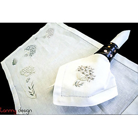 Bộ lót đĩa và khăn ăn linen thêu hoa cẩm tú cầu