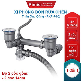 Bộ Xi Phông Chậu Rửa Bát 2 Hố Phi 140 Inox 304 Pimisi PXP-74-2 Xả Nước Chậu Rửa Chén 2 Hộc-1 Thoát Tràn | Chính Hãng
