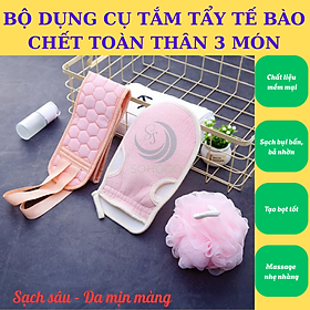 Bộ Dụng Cụ Tắm Tẩy Tế Bào Chết 3 Món – Sạch Sâu, Da Mịn Màng Set tắm tẩy da chết 3 món tiện lợi Combo găng tay – dây cọ lưng – bông tắm tạo bọt