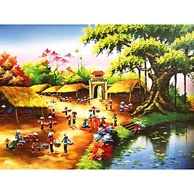 Tranh dán tường 3D phong cảnh làng quê Việt Nam - vải lụa kim sa