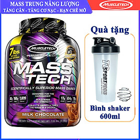 Combo Sữa tăng cân trung năng lượng MassTech của Muscletech hương Chocolate hộp 3.18kg hỗ trợ tăng cân tăng cơ nạc, hạn chế mỡ & Bình shaker 600ml (Mẫu ngẫu nhiên)
