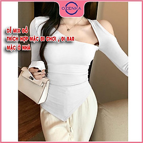 Áo thun nữ vạt nhọn ôm trễ vai tay dài nữ , áo phông body sang chảnh 2022 màu đen trắng be một size dưới 50 kg