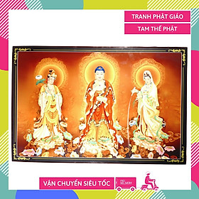 Mua Tranh Tam Thế Phật đứng hào quang giữa bầu trời đỏ - 60x40cm