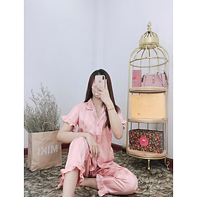 Đồ bộ ngủ Pijama mặc nhà Lụa Gấm tay ngắn quần dài - dài cộc phối bèo họa tiết dưới 62kg cho bạn nữ cực xinh và dễ thương