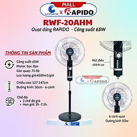 Quạt đứng Rapido RWF-20AHM - Hàng Chính Hãng - Bảo Hành 12 Tháng - chế độ hẹn giờ thông minh, lưu lượng gió lớn, 3 chế độ gió