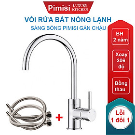 Mua Vòi rửa chén nóng lạnh Pimisi đồng thau mạ xi Cr/Ni sáng bóng kiểu tròn cổ ngỗng tay gật gù và tặng kèm 2 sợi dây cấp nước dùng cho chậu rửa bát 1-2-3 hố trong nhà bếp - vòi nước rửa bát gắn chậu âm dương bàn đá quay 360 độ tăng áp | Hàng chính hãng