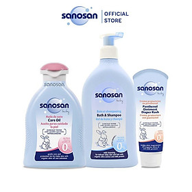 Combo Sữa tắm gội dịu nhẹ 500ml + Dầu mát xa 200ml + Kem hăm Sanosan chiết