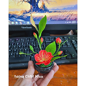 Chậu hoa mai hoa đào bằng đất sét / vải voan cao tầm 12-15cm dáng bonsai