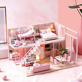 Nhà búp bê barbie bằng gỗ lắp ghép có nội thất và đèn như hình L027 Tặng Mica Tặng kèm keo dán,dụng cụ lắp ghép, mica