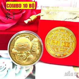 COMBO 10 Đồng Xu Hình Mèo Vàng , tặng túi gấm đỏ 2023 - Mẫu 3, Tiền lì xì tết 2023 , NELI