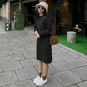 Váy dáng xuông tay bo chụ chất len tăm cổ cao đầm dài cổ tròn