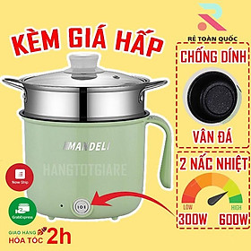 Ca mỳ nổi lẩu điện1.8L MANDELI 2 NẤC NHIỆT kèm giá hấp INOX dùng để chiên xào hấp rán