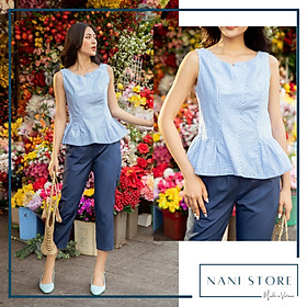 Đồ bộ dài sọc xanh dương cổ lệch quần trơn