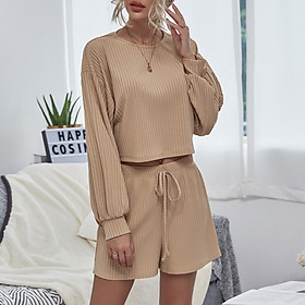 Women Pajama 2 Piece Set O-Neck Lantern Sleeve T-shirt Shorts with Drawstring Tops Pullover Short Pants Casual Home Wear