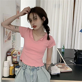 MS0023 Áo thun nữ mỏng cổ khoét V viền sóng