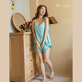 Bộ lụa mặc nhà tay cánh tiên The Maple Màu xanh ngọc