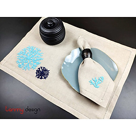 Bộ lót đĩa và khăn ăn linen thêu san hô tròn