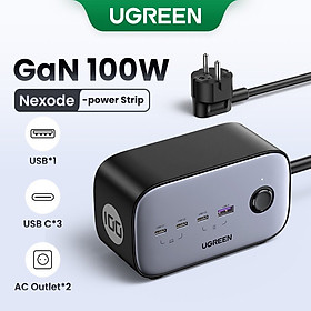 Sạc điện thoại đa năng DigiNest 3 cổng USB-C và 1 USB hỗ trợ GaN 100W màu đen kèm 2 ổ nguồn AC 220V Ugreen (60167). hàng chính hãng