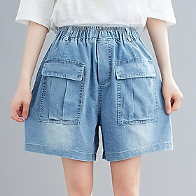 Women Denim Shorts Elastic Waist Front Back Pocket with Flap Wide Leg Short Pants Casual Loose Jeans