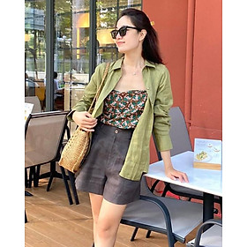 Set bộ áo sơ mi dài tay Linen tưng Premium kèm quần short trẻ trung ArcticHunter - Áo xanh  Quần xám chì - XXL