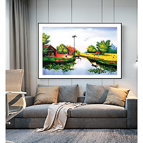 Tranh Sơn dầu Phong cảnh Làng quê Việt Nam nghệ thuật. , Khung hợp nhôm chống ẩm, bền, đẹp, nhiều kích thước. Phù hợp nhiều không gian sang trọng