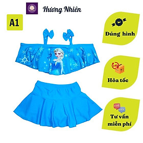 Đồ bơi hai mảnh cho bé gái hình Elsa từ 10-39kg - áo 2 dây có kết hoa quần giả váy tạo kín đáo - A1 xanh - 08:20-21kg