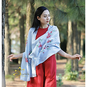 Khăn Choàng Cổ Lụa Cao Cấp Vẽ Hoa Đào SenSilk 180x55cm, Tơ Lụa Bảo Lộc Cao Cấp, Khăn Quấn Cổ Thời Trang Cao Cấp - XANH