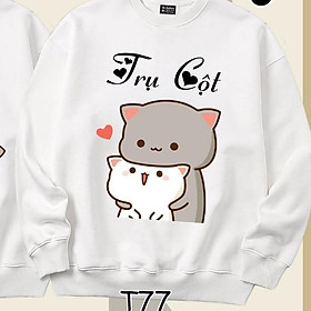 Áo Sweater cặp đôi Mèo mochii nóc nhà, cột nhà dễ thương Mr.Buffalo - T77 - Trắng
