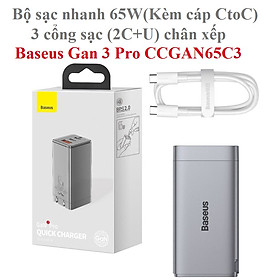 Mua Củ sạc nhanh 65W 3 cổng sạc (2C+U) chân xếp kèm cáp sạc Baseus Gan 3 Pro CCGAN65C3 _Hàng chính hãng