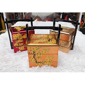 Hộp Cơm sushi sơn mài 3 tầng quai xách hàng vẽ đắp nổi cao cấp