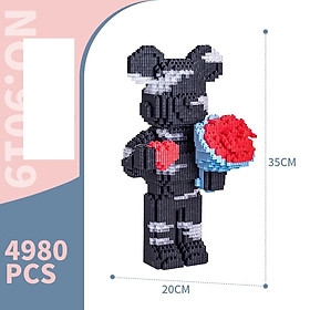 Đồ chơi lắp ráp mô hình gấu Bearbrick 35cm ôm hoa trái tim có đèn LED