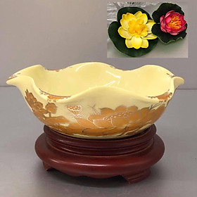 Mua Bát Thả cánh Hoa bằng sứ hoa sen vàng   cúng thần tài  trang trí góc phong thuỷ (tặng kèm đế gỗ và 2 hoa thả mẫu nhiên) KH18127