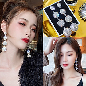 Khuyên tai bạc 4 hình tròn bông tai dài nữ lấp lánh