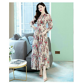 ĐẦM MAXI VOAN HOA TAY DÀI CỔ VIỀN BÈO THẮT DÂY NƠ
