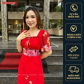 Đầm Xoè Hoa 3D Đỏ Cổ Vuông Dập Ly Tay Loe Voan Cao Cấp Sandra Dress